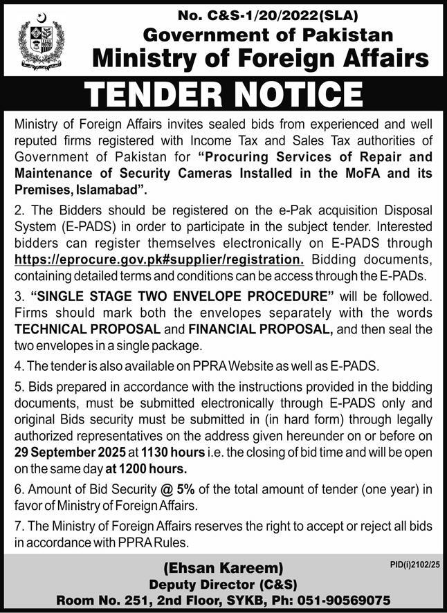 Ministry of Foreign Affairs Tender Notice